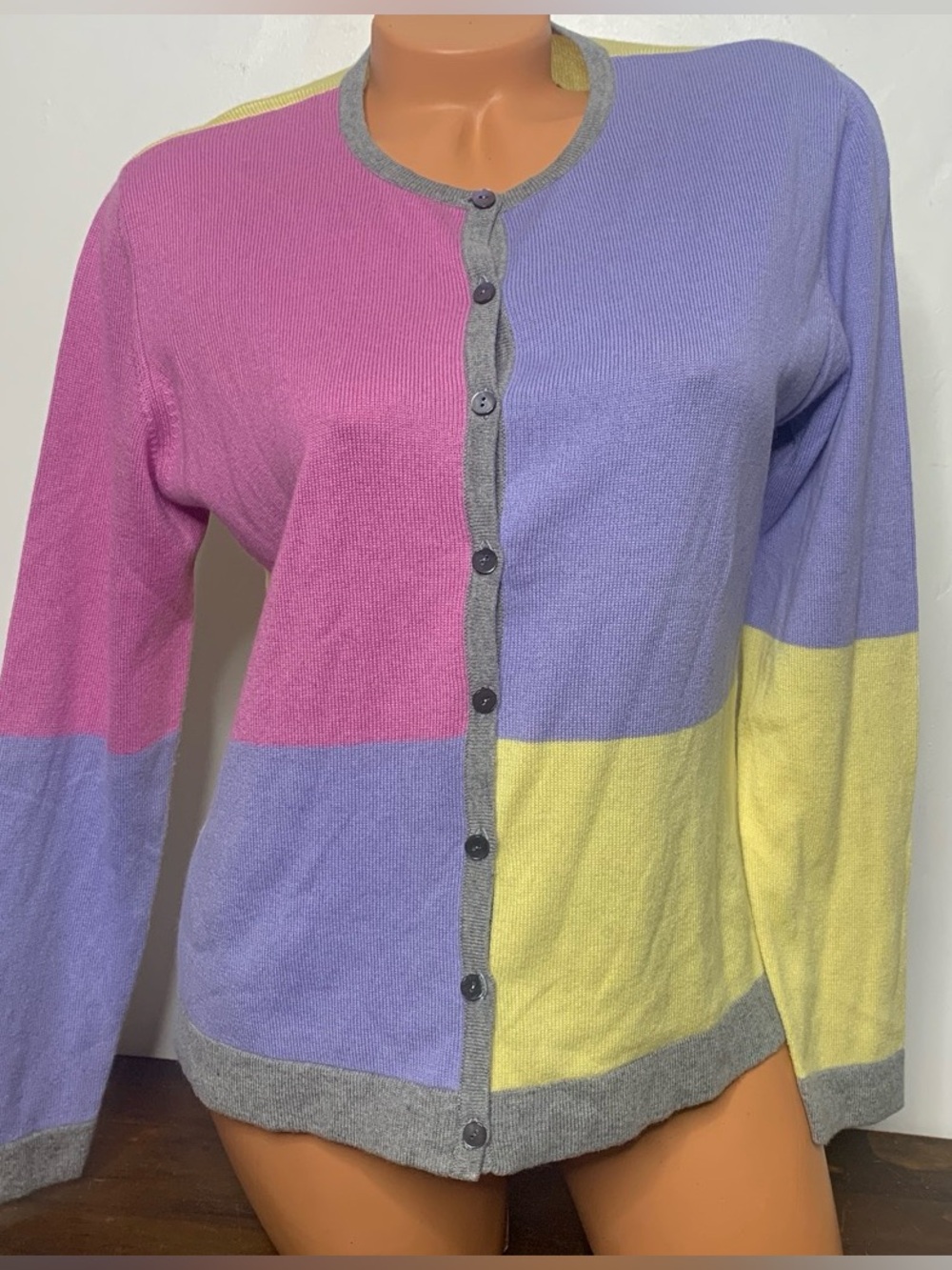 VTG Talbots Silk & Cashmere Pastel button front Color block Cardigan Sweaters M